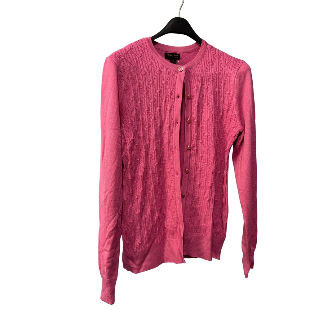 Tenney Rose Design NY Womens Pink Diamond Cable Knit Button Front Cardigan large
